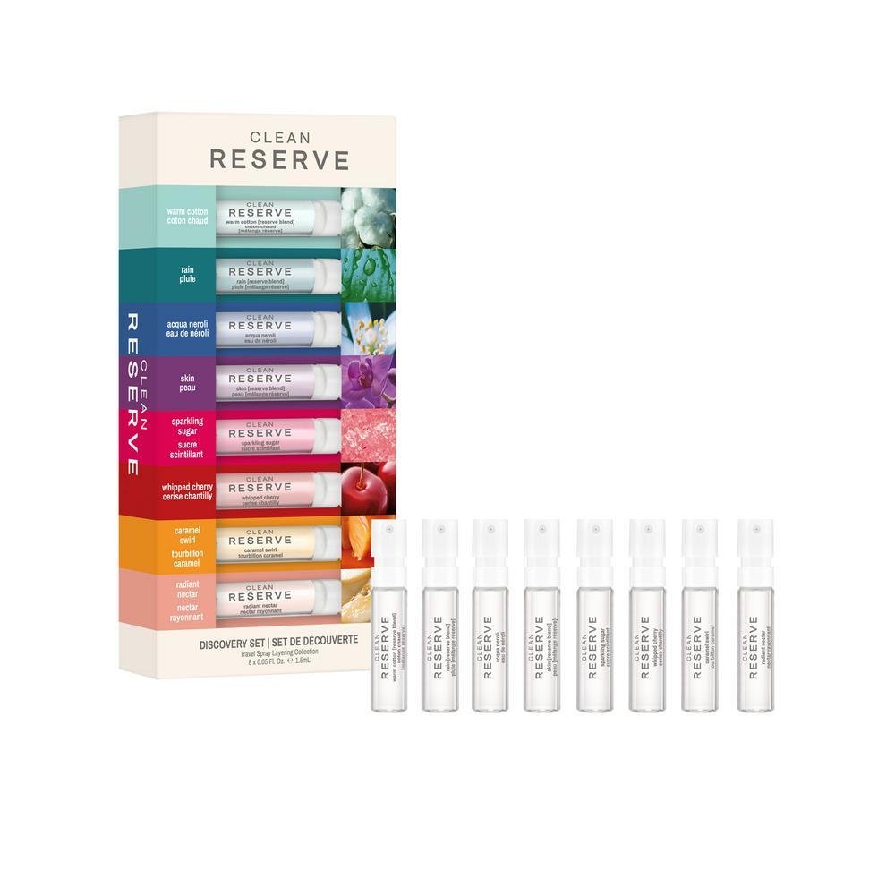 CLEAN RESERVE Discovery Gift Set box and eight perfume sample sprays