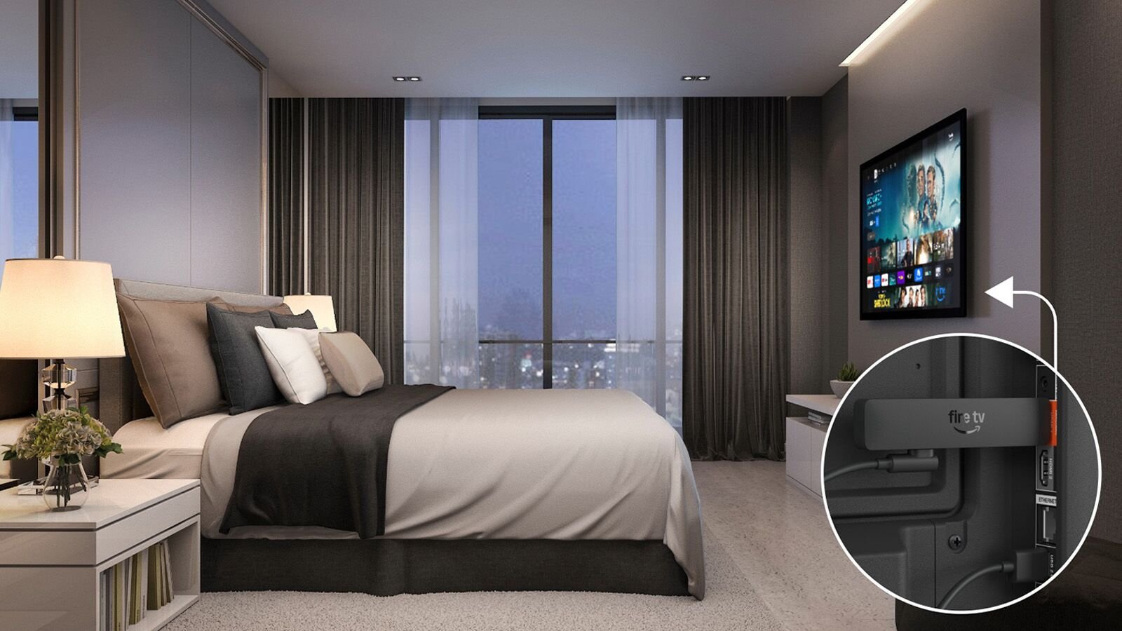 Amazon illustration showing the Fire TV Stick HD connected behind a bedroom television