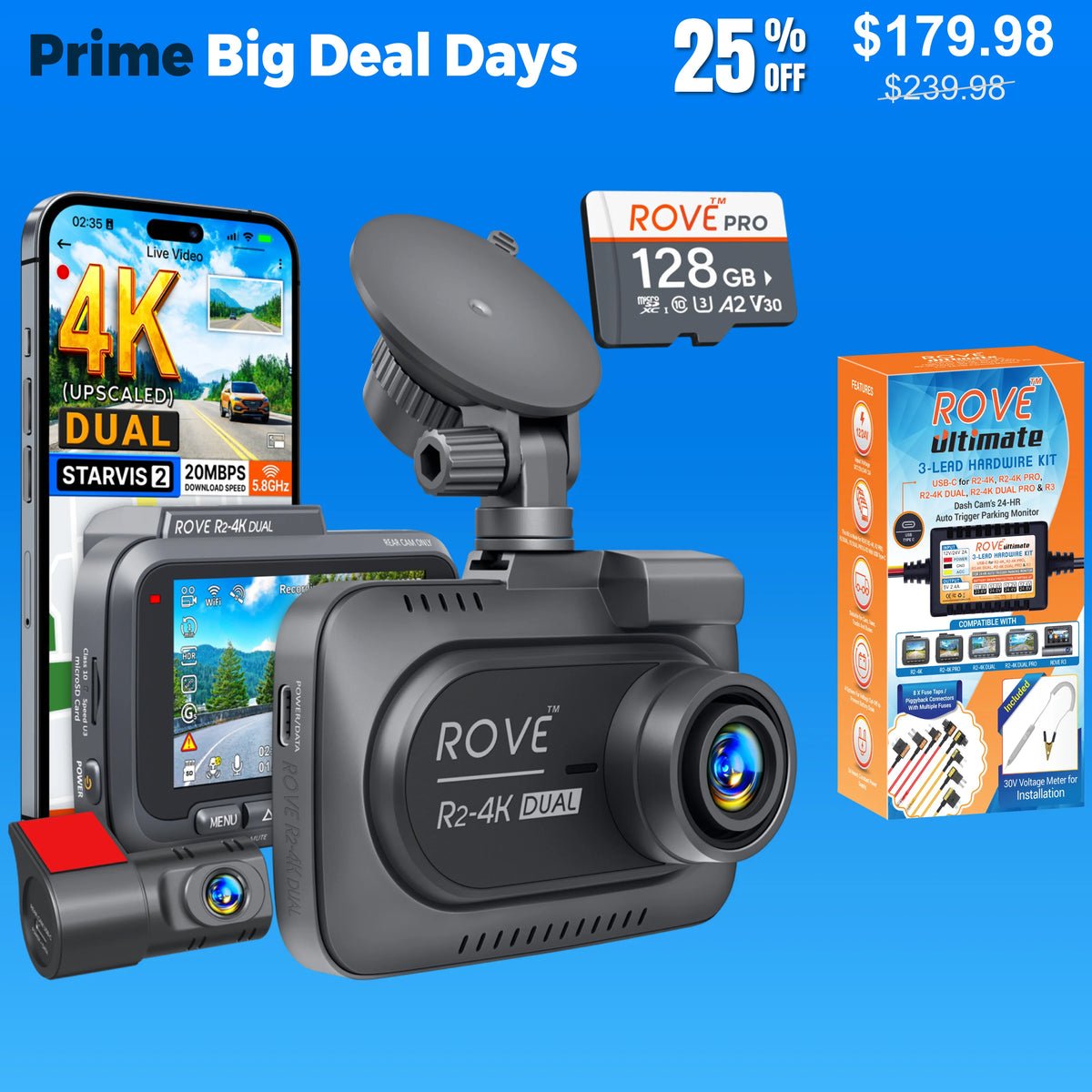 ROVE R2-4K DUAL front and rear camera bundle with optional hardwire kit