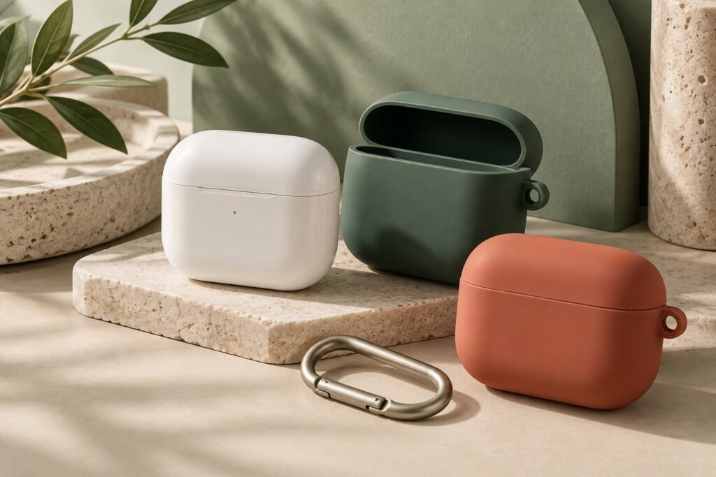 AI-generated illustration of a white earbud charging case, green and terracotta protective covers, and a metal clip.