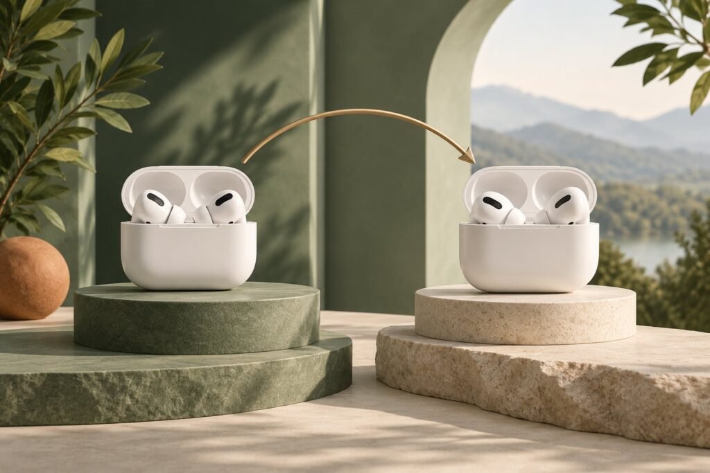 AI-generated illustration of two wireless earbud sets on balanced green and ivory platforms with an upgrade arrow.