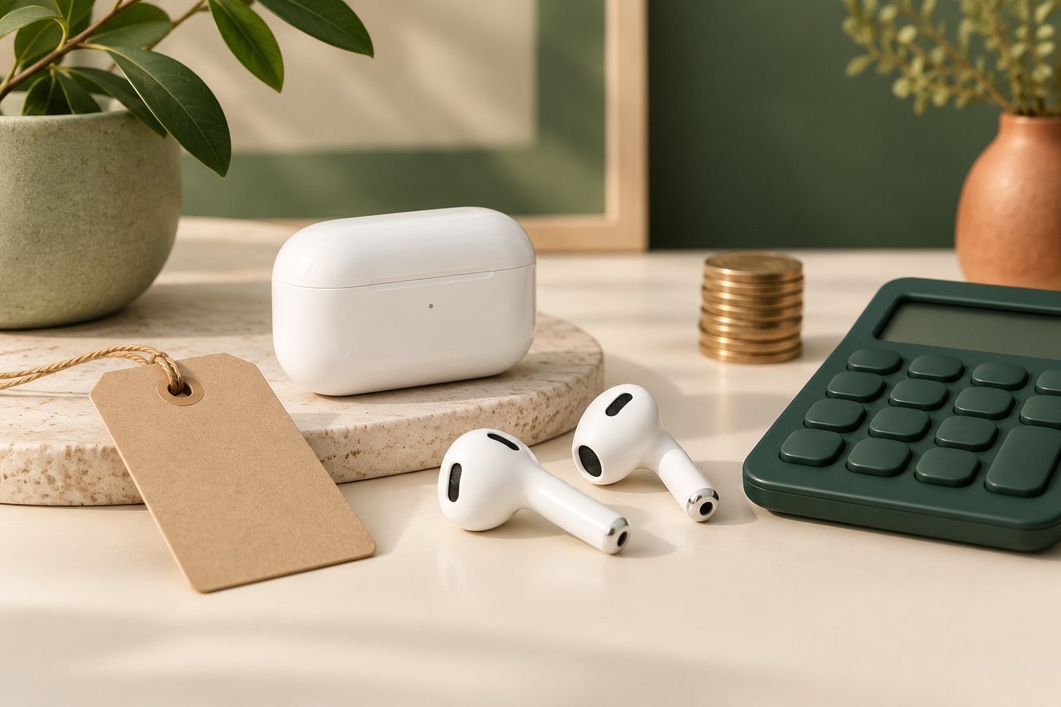AI-generated illustration of wireless earbuds beside a calculator, blank price tag, and coins.