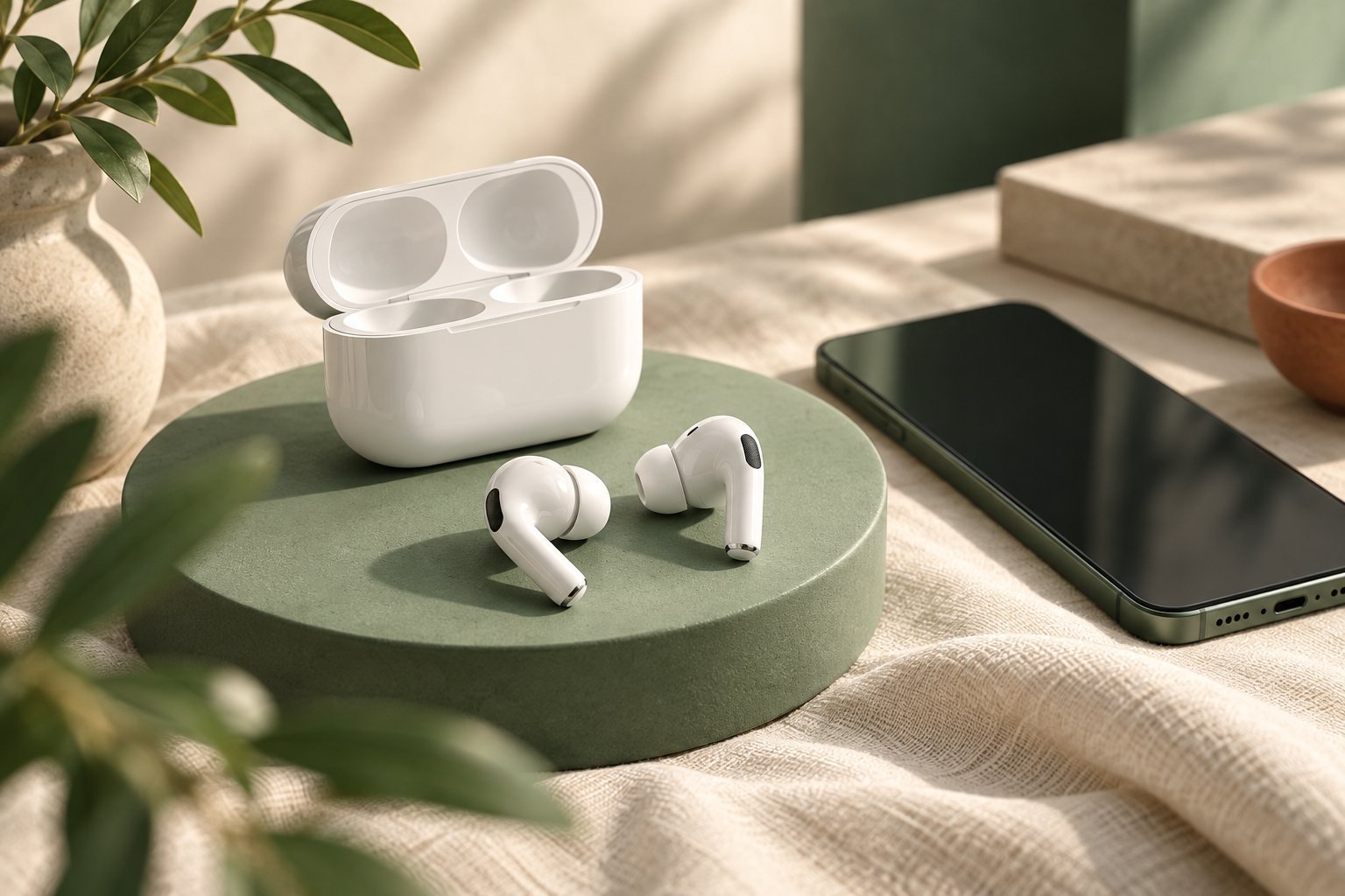 AI-generated illustration of white wireless earbuds, a charging case, and a smartphone on a sage green display.