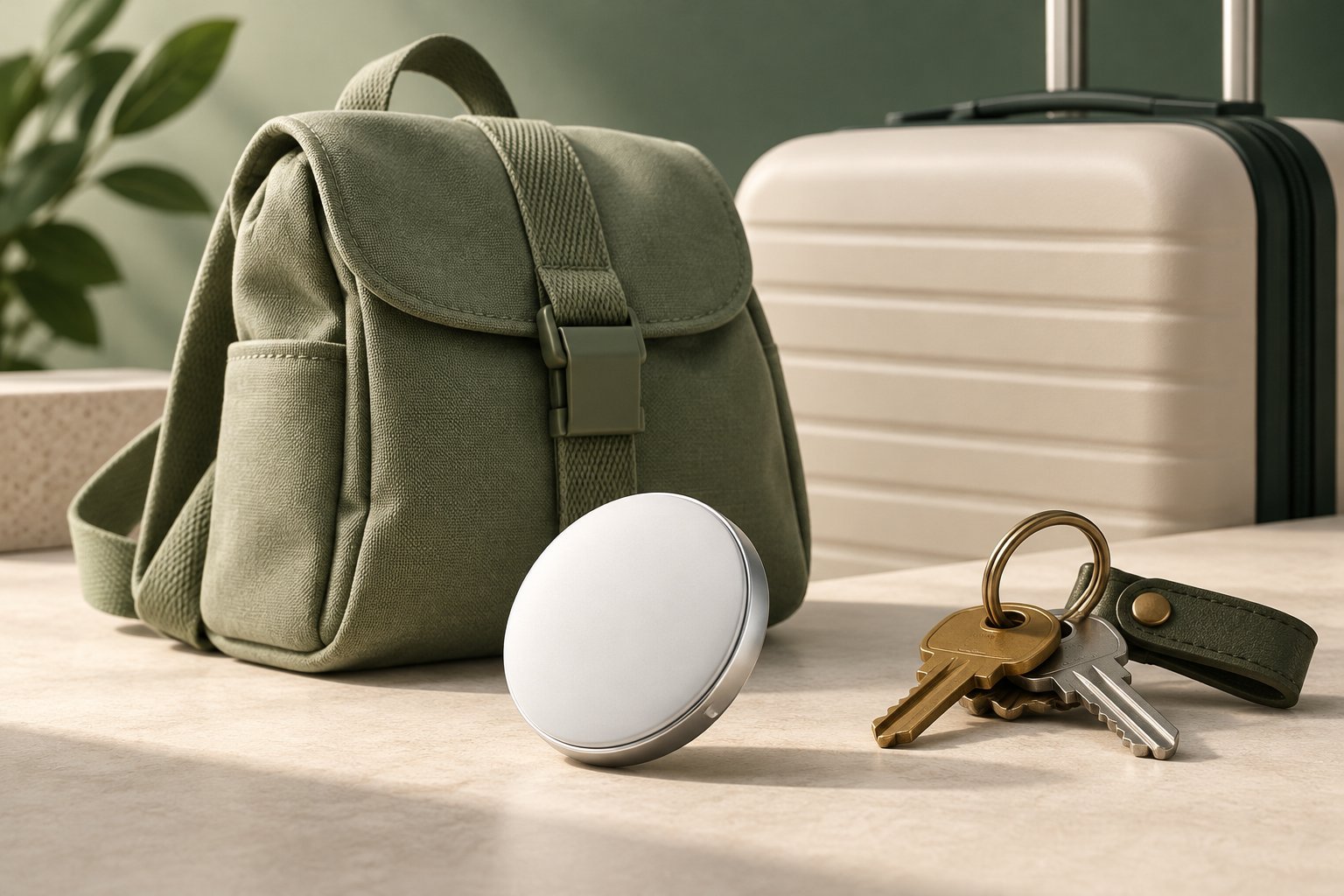 A generic round item tracker beside a green backpack, cream suitcase, and keys.