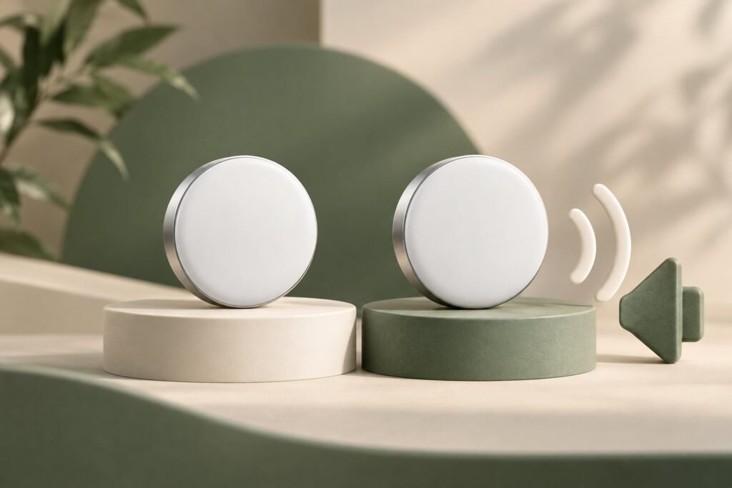 Two same-size generic circular trackers on ivory and sage platforms beside abstract speaker and signal shapes.