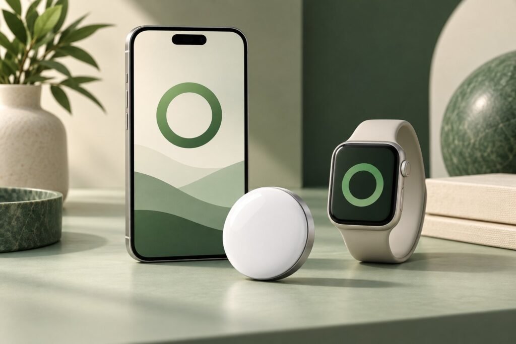 A generic smartphone and smartwatch with abstract green screens beside a circular item tracker.