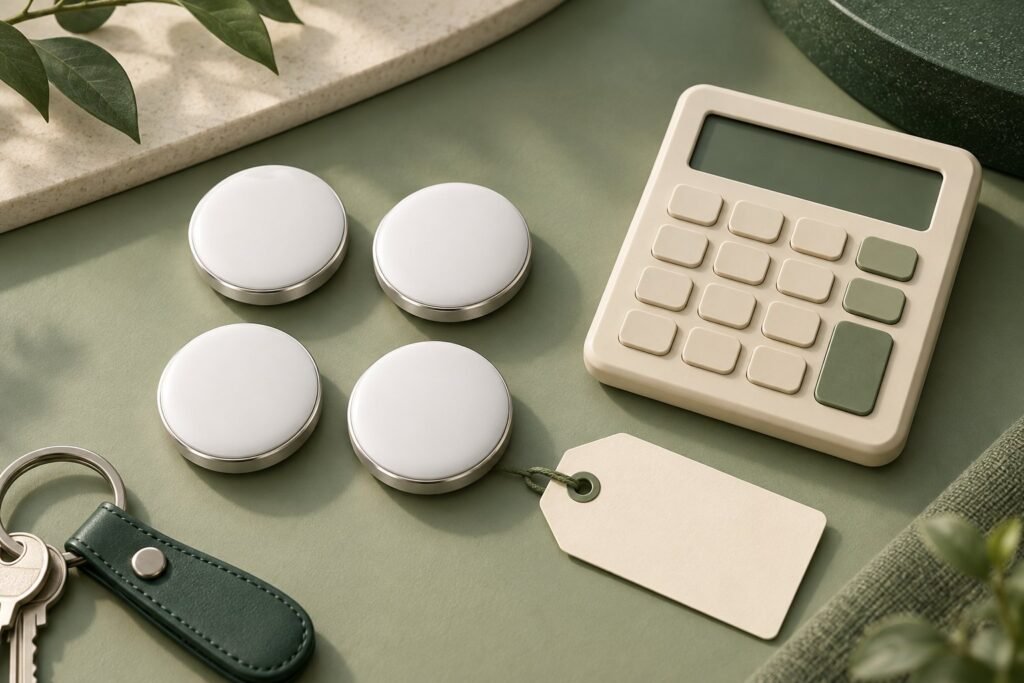 Four generic round item trackers beside a blank calculator, a blank price tag, and keys.