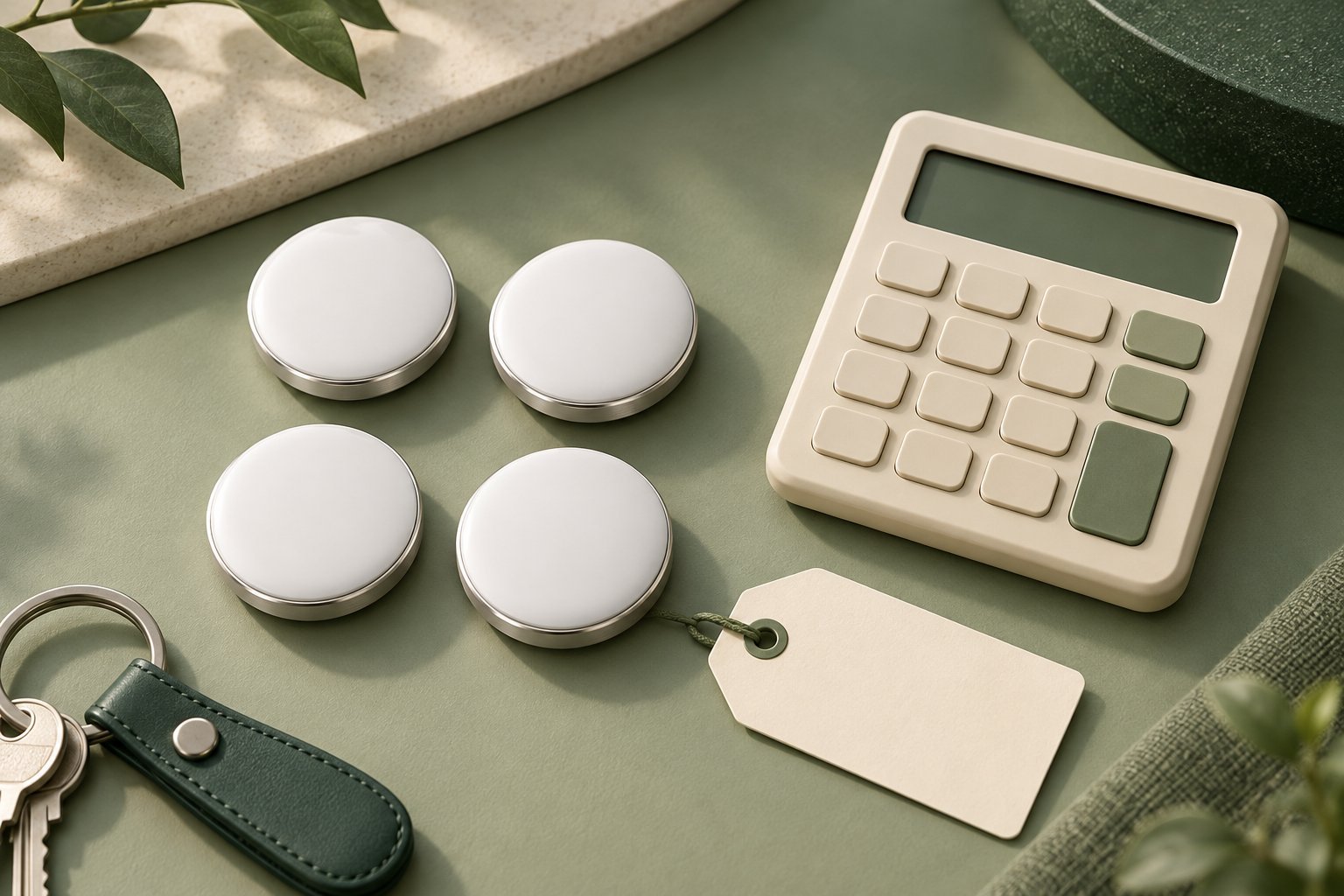 Four generic round trackers beside a calculator, blank price tag, and keys.