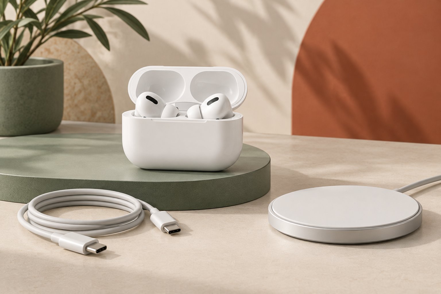 White earbuds in an open charging case beside a disconnected USB-C cable and a wireless charging pad.