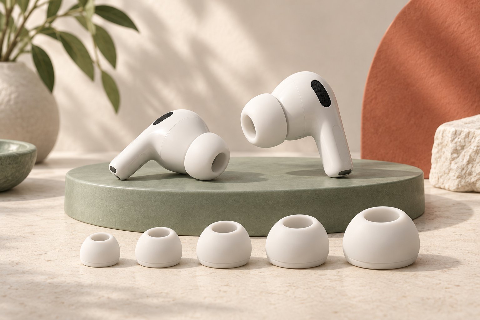 White wireless earbuds with five loose ear tips arranged from smaller to larger on a sage display.