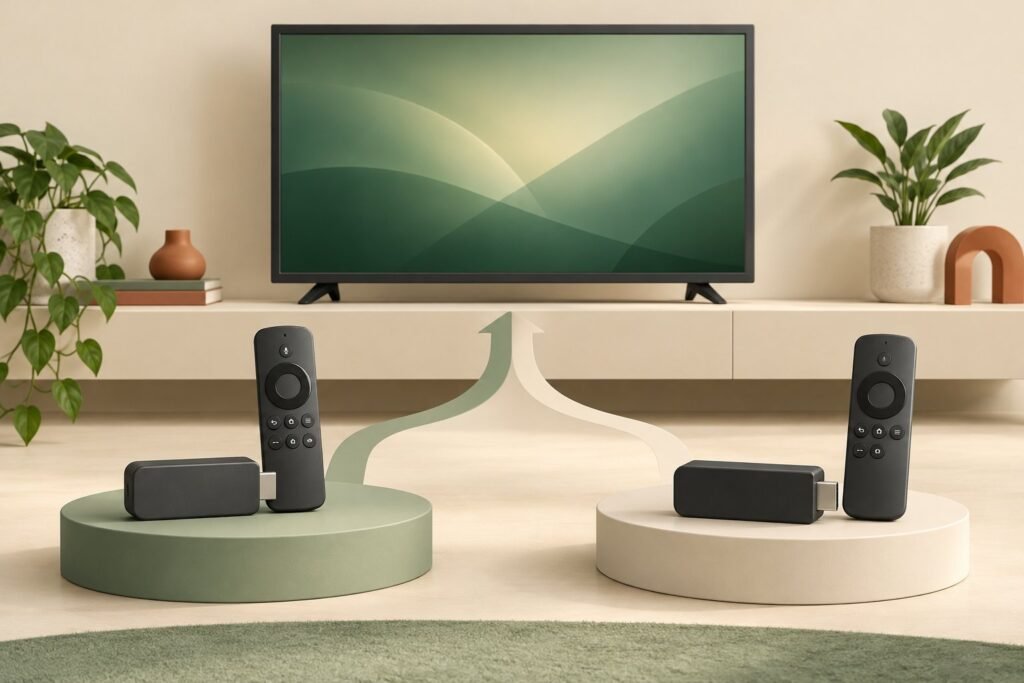 Fire TV Stick HD vs 4K: Which Should You Buy for a 1080p TV? Two generic streaming sticks and remotes on sage and ivory platforms in front of a television.