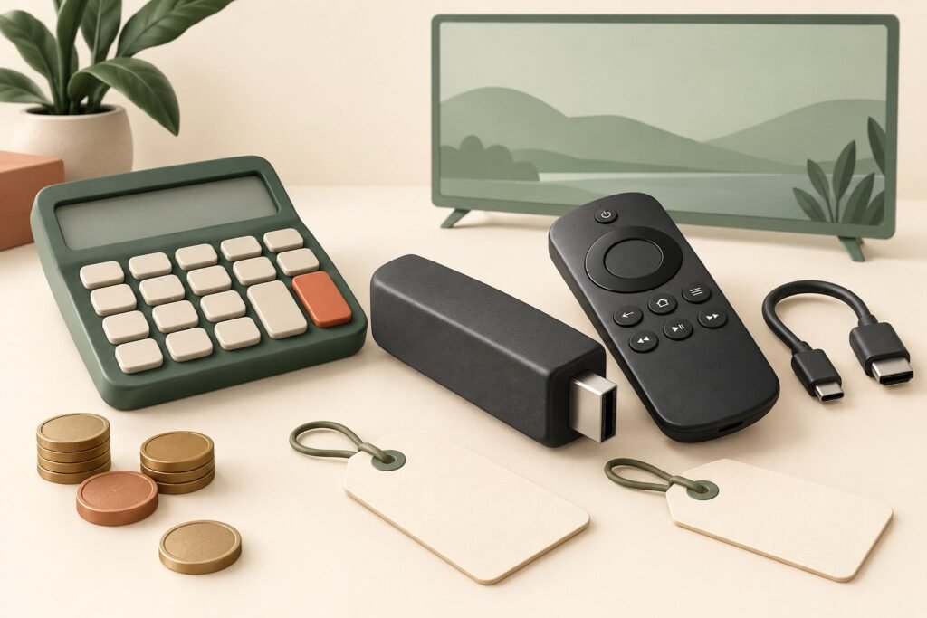 A generic streaming stick and remote beside a calculator, blank price tags, coins, and an accessory cable.