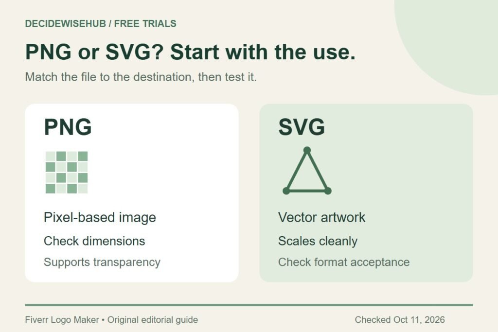 PNG shown as pixels and SVG as vector geometry, with reminders to check dimensions and accepted formats.