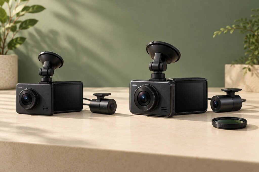 Two generic front-and-rear dash camera kits beside a circular lens filter on a cream surface.