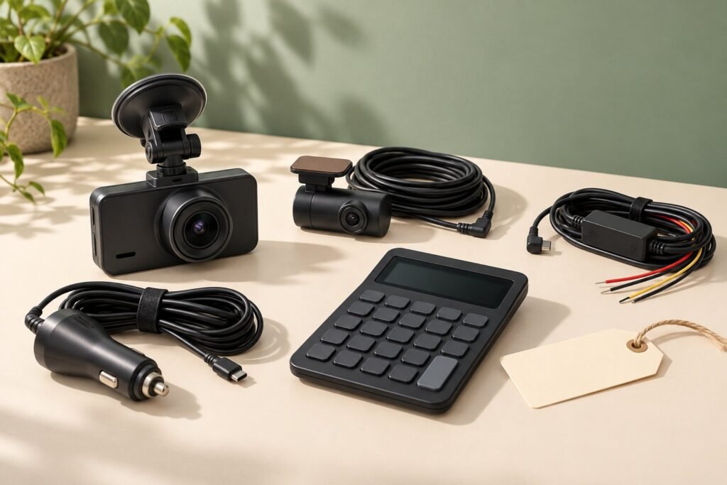 A generic front-and-rear dash camera kit, calculator, blank price tag, and separate optional power cable.