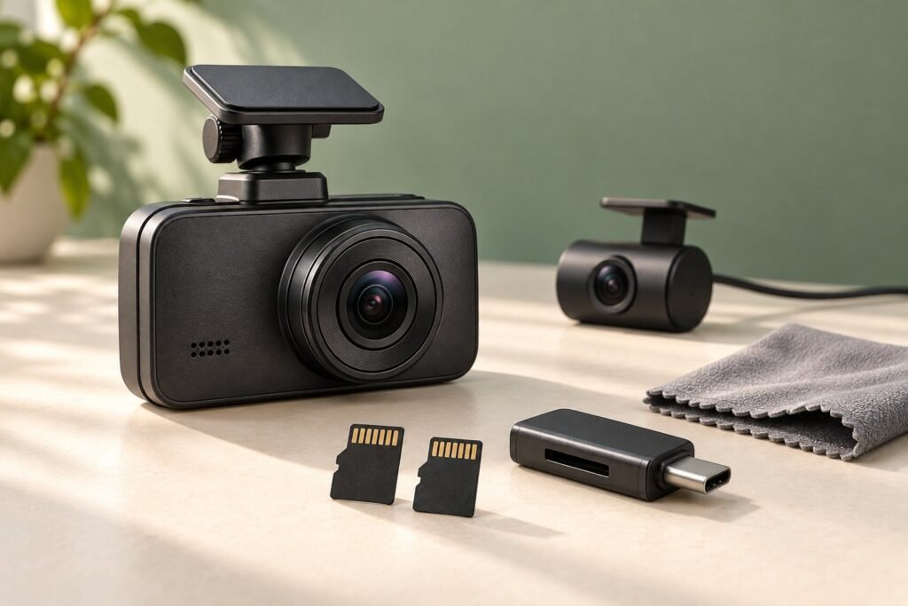 A generic dash camera beside two microSD cards and a USB-C card reader.
