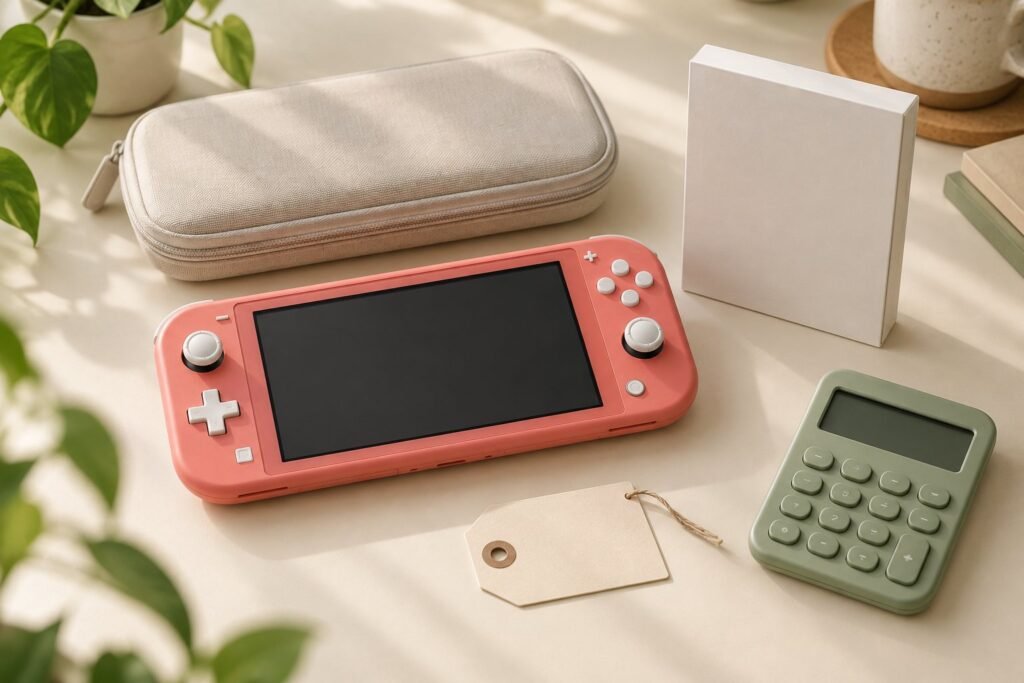 Generic coral handheld console beside a travel case, blank game box, calculator, and blank price tag.