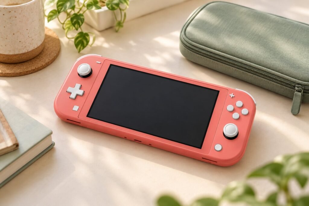 Coral-colored generic handheld game console with white controls beside a sage travel case.