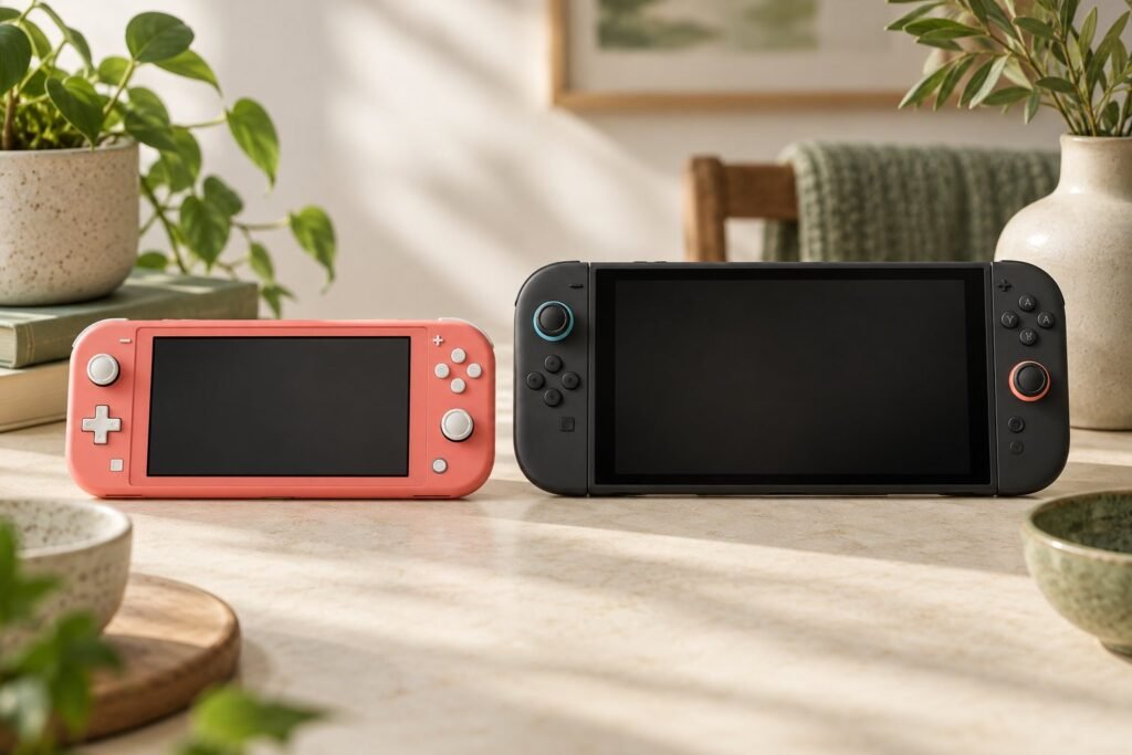 Switch Lite vs Switch 2: Which Should You Buy? Compact coral handheld console beside a larger dark handheld console with attached controllers.