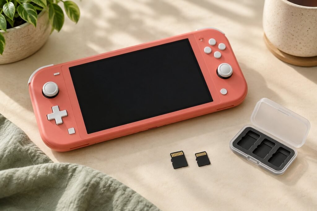 Generic coral handheld game console beside illustrative memory cards and a small card case.