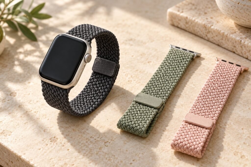 Generic smartwatch with a charcoal braided magnetic-style strap beside sage and pink straps.