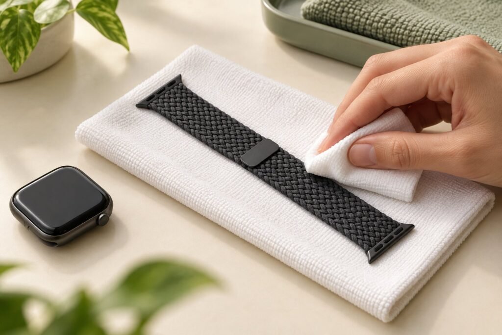 A detached generic braided watch strap on a soft towel being dabbed with a cloth, with the watch set aside.