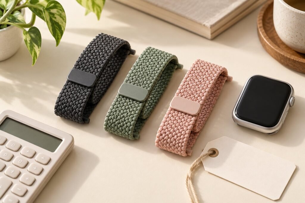 Three generic braided magnetic-style straps beside a smartwatch, calculator, and blank price tag.