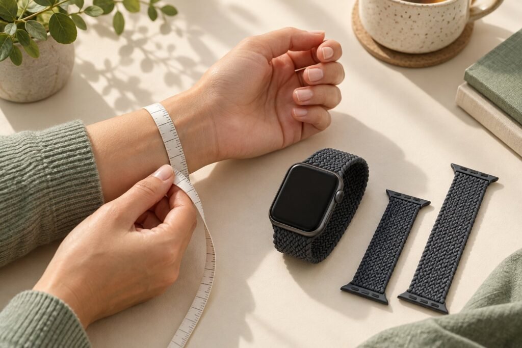 A wrist being measured with a flexible tape beside a generic smartwatch and two illustrative band connectors.